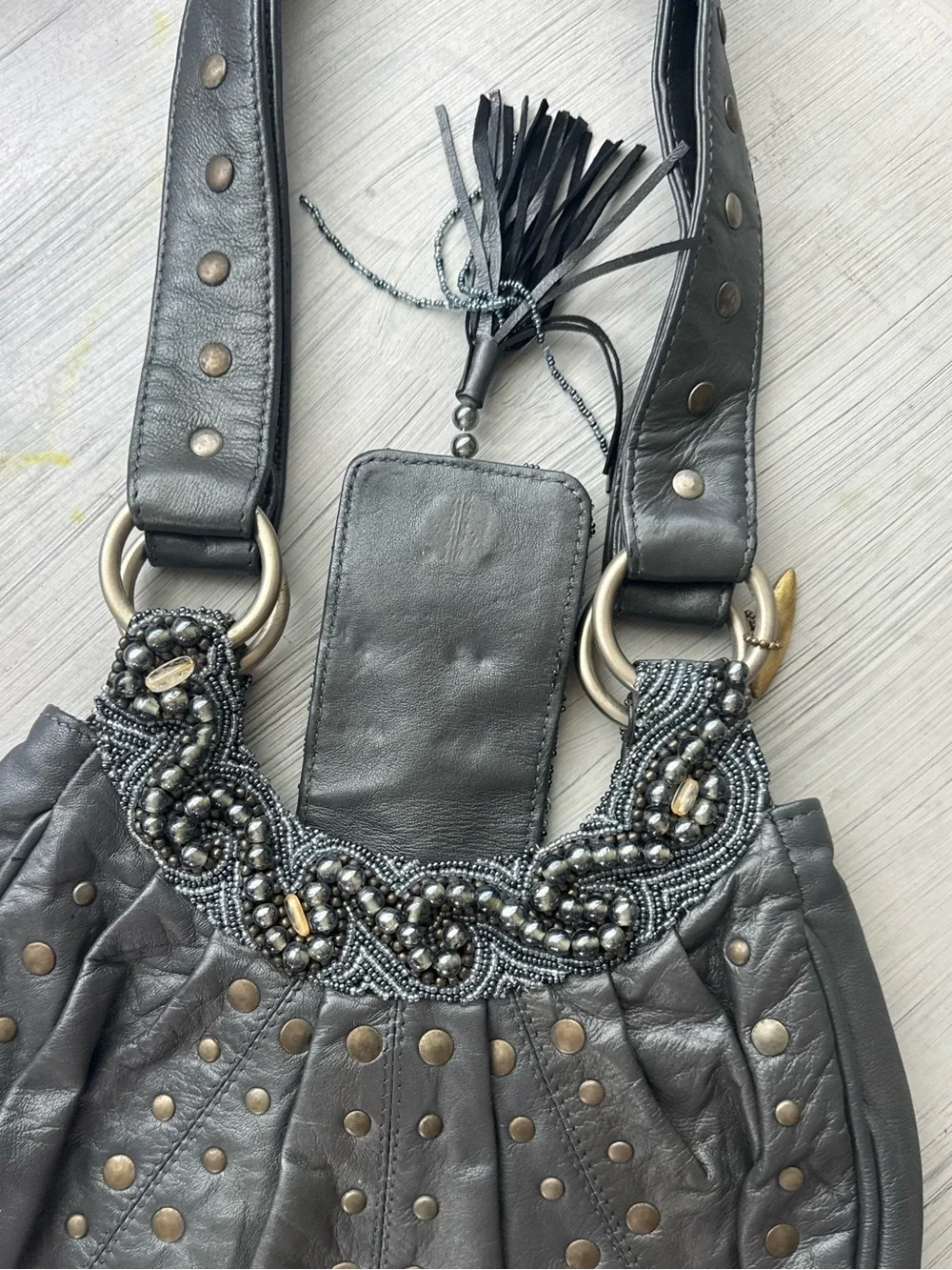 Mary Frances Embellished Leather Studded Hobo Bag Beaded Boho Purse